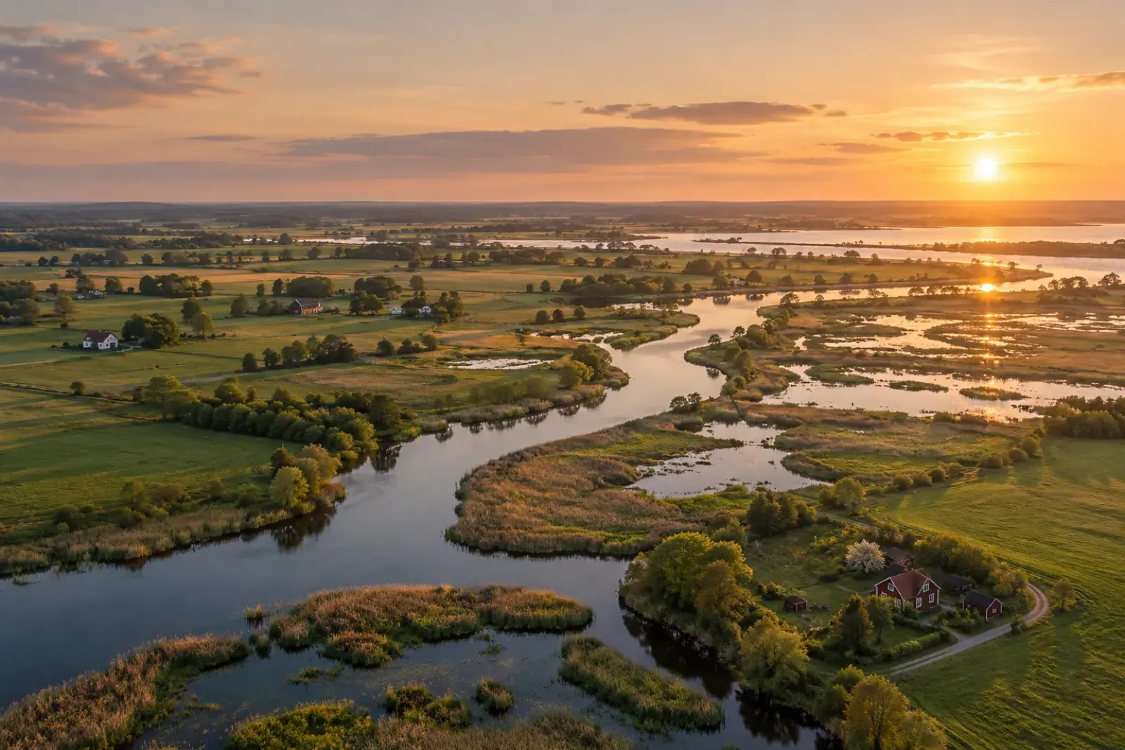 Flygbild över Helge å och slätten kring Kristianstad i solnedgång